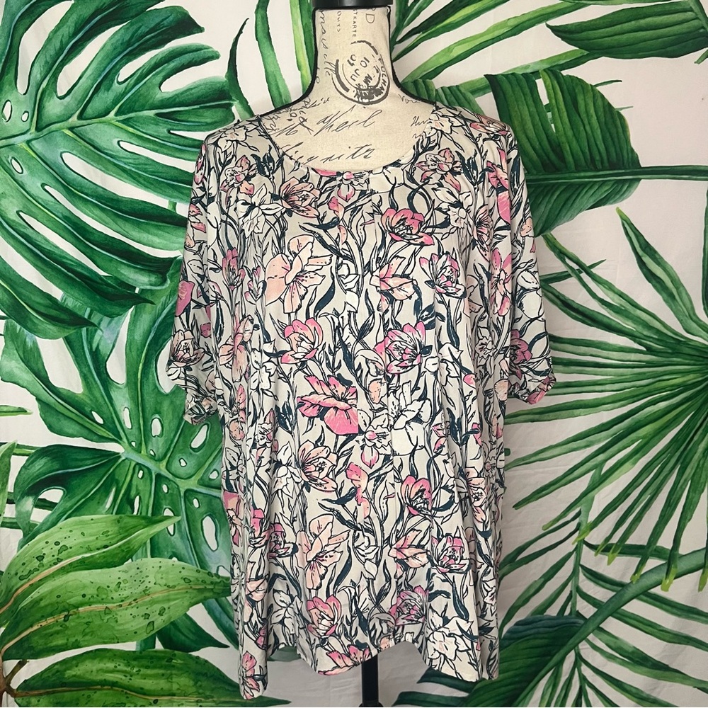 Junarose Sz 20 Ivory Green Pink Floral Plant Mom Office Maximalist Preppy Blouse